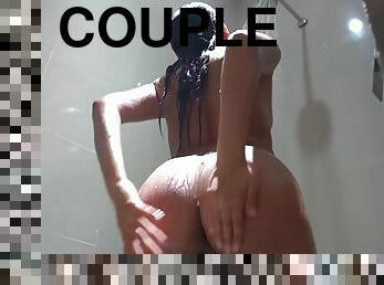 bañando, casero, latino, pareja, ducha