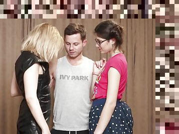 FFM threesome with Alika Alba and Kamilla wearing lingerie