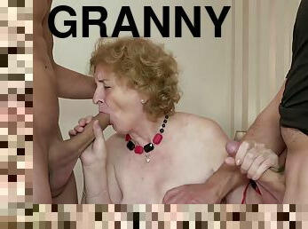 Horny granny in sexy fishnet stockings enjoys her first monster cock anal sex in a wild threesome fuck lesson