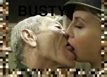 Old army soldier satisfies a juicy blonde