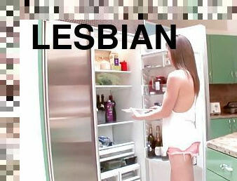 Hot and horny lesbian babes enjoy kissing and eating each others pussies inside the kitchen