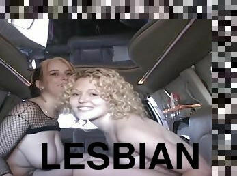 Two girls trip naked and play with each others pussies in the back of our limo