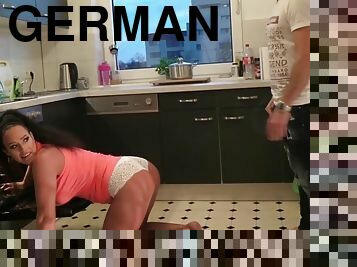 German Amateur milf in kitchen caught an get threesome mmf