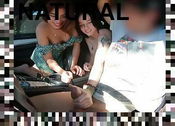 threesome car adventure with young natural brunettes - medium natural tits