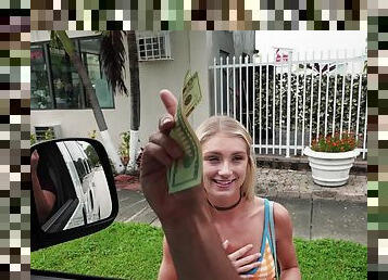 Skinny blonde stranger Payton Avery takes money to ride a dick