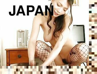 Japanese babe wearing fishnet stockings enjoys while being fucked