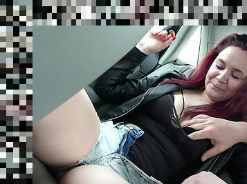 Redhead Nina moans while being nicely fucked in the back of a car