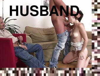 Old husband watching his wife riding another cock
