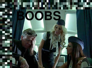 Blonde and brunette air hostesses fuck with a dildo