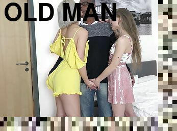 Hardcore threesome fuck old man and 2 beautiful teens