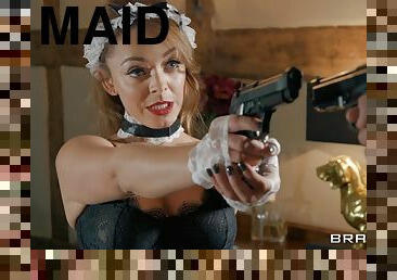 Sexy maid in tiny outfit surrenders to a dude with a gun