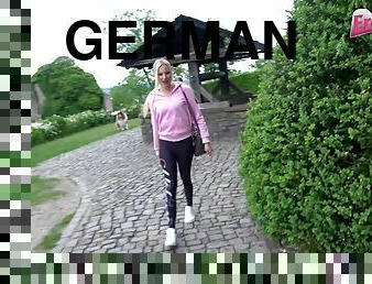German outdoor cum facial walk with skinny blonde