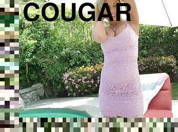 Blonde cougar Aubrey Adams takes off her panties to be fucked