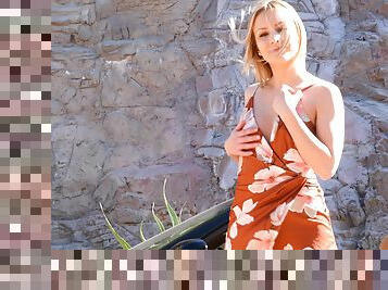 Dude films his girlfriend Giselle as she flashes her boobs in outdoors