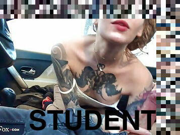 Tattooed sexy student sucking cock boyfriend in the car