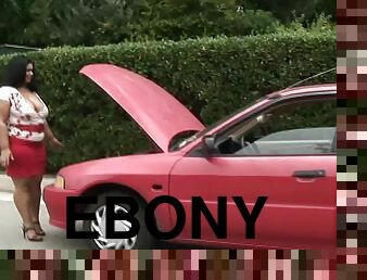 Sexy ebony BBW was having car troubles when this skinny white guy showed up to help.