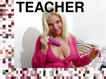 Smoking teacher shows off her big tits and masturbation skills when she came over.