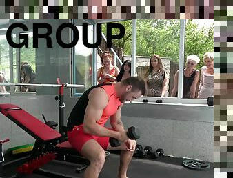 Hardcore group sex in the gym between one guy and mature sluts