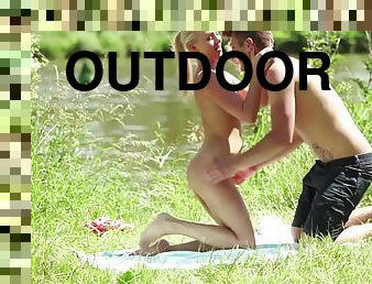 Passionate outdoors fucking by the river with blonde Cayla Lyons