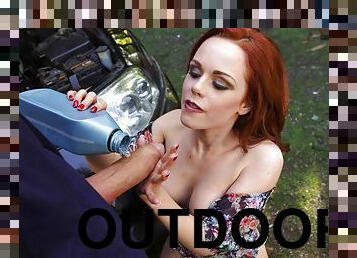 Hot redhead Ella Hughes fingered and fucked in outdoors. HD
