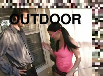 Outdoor handjob action by horny neighbor Molly Bliss with glasses