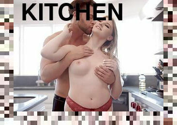 Adorable blonde Melody Marks enjoys having sex in the kitchen