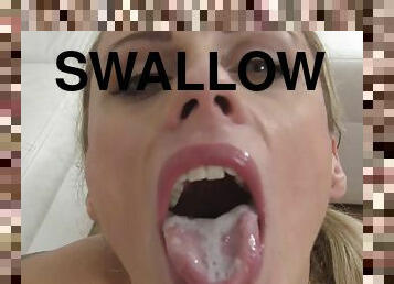 Close up video of blonde slut who swallows cum during casting