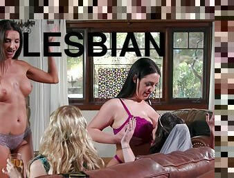 Crazy lesbian foursome on he leather couch with Angela White
