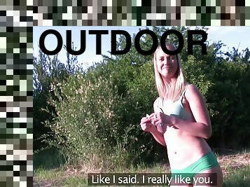 Blonde slut Violet Pink gets fucked in the outdoors for money