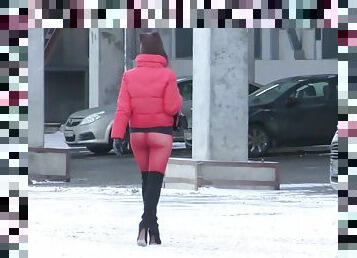 Red Tights. Jeny Smith public walking in tight red pantyhose (no panties)