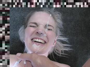 British blonde slut gets her face covered with sticky jizz