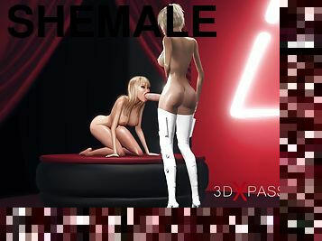 3d shemale plays with a hot horny blonde on the fashion model podium