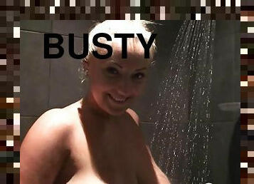 Incredible busty granny teases with her tits while taking a nice hot shower