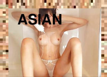 Asian cute teen make teaser shower with coconut oil and then she excited and riding a huge dildo