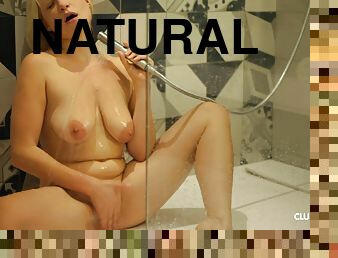 Teen with huge natural tits Gabi Gold masturbates in the shower