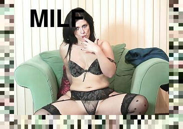 Glamorous MILF brunette Montse Swinger masturbates after striping