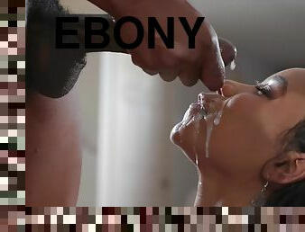 Ebony sporty babe Jenna Foxx gets cum on face from a black guy