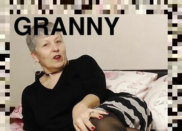 Grey haired short haired granny Savana masturbates with toys