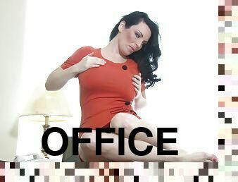 Stacey Ray takes off her tight dress and fingers herself in the office