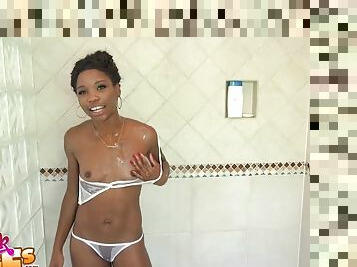 Gorgeous ebony teen babe Mya Mays gets cum all over her small tits