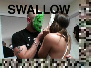 Masked sluts Kimmy Granger and Sara Luvv swallow cum at a party