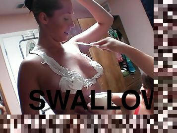 Alaina Kristar swallows cum with her slutty friends at an orgy