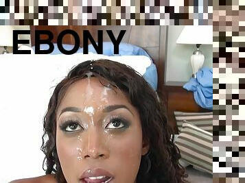 Cute ebony teen babe Ashley Sin gets cum all over her pretty face