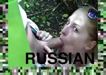 Hot blonde Russian slut began sucking her boyfriends cock outside