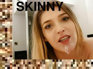 Petite skinny blonde Rhiannon Ryder sprayed with cum after sucking
