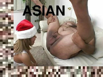Slutty Asian Tiger plays with a fat man's stinky cock and throws up