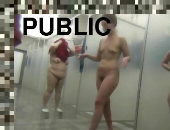 Spy camera. Many ordinary housewives in a public shower room.