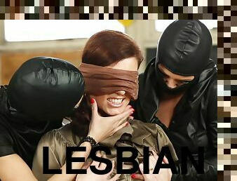 Lesbian Bella Baby abused by two masked babes with toys