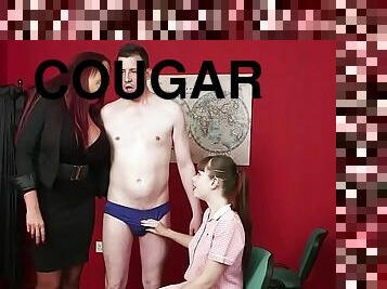Experienced cougar teaches teen how to manage cock in CFNM action