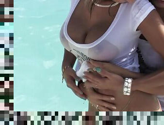 Lesbian orgy in the pool with hot MILFS and pornstars